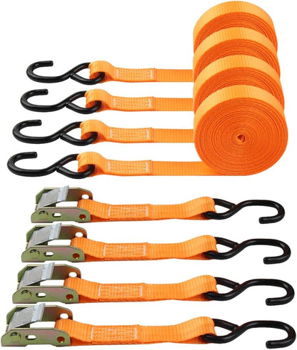 Ratchet Tie-Down Straps, 1" x20' Lashing Strap, Polyester Webbing, Coated S-Hooks  Metal Cambuckles, 1000lbs Capacity (Pack of 4)