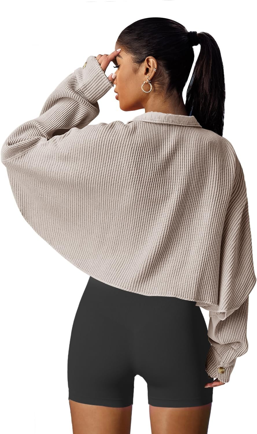 Women's Cropped Waffle Knit Shacket Short Button Down Jacket Batwing Sleeve Shirts with Pocket