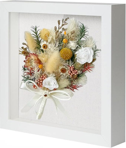 Muzilife 8x8 Shadow Box Picture Frame with Linen Board - Deep Wood & Tempered Glass Display Case Memory Box Baby Sports Memorabilia, Pins, Awards, Medals, Wedding, Tickets and Photos (White)