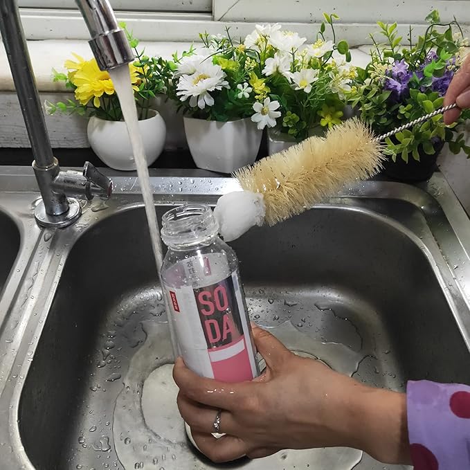 NewFerU Stainless Steel Soda Bottle Cleaning Brush in Natural Boar Bristle Wool Tip Long Handle, Flexible Bendable Thick Wire Cleaner for Narrow Neck Water Baby Bottles Straw Pipe Tube Flask