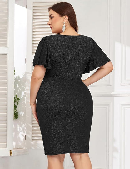ZOMVA Plus Size 0X-4X Sparkly Glitter Ruched Bodycon Mini Dress Sparkle Sequin Wrap Ruffle Sleeve Dress Cocktail Party Formal