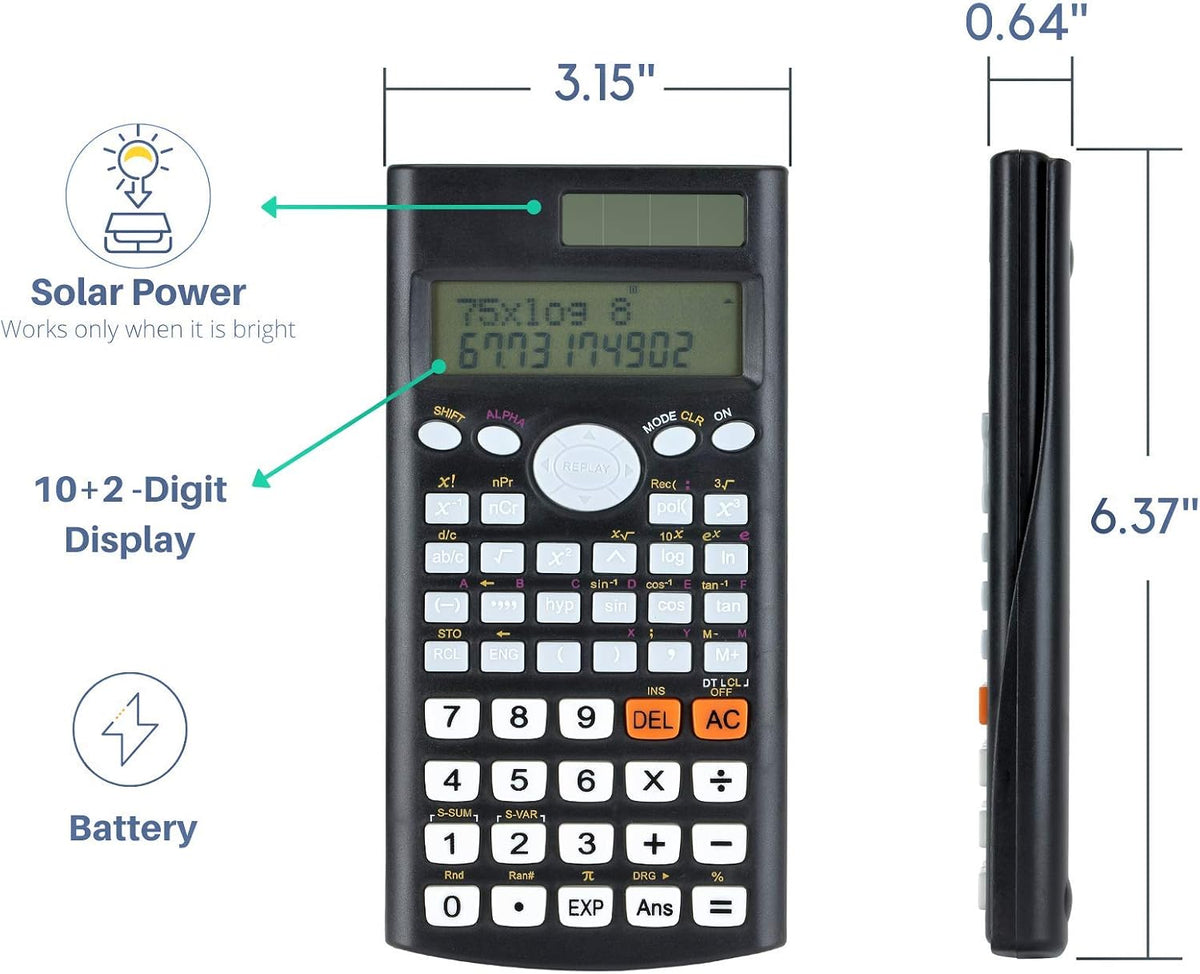 Scientific Calculator - Solar Powered, 2 Line Display, Fraction & Statistics Calculations for School, College & High School Use