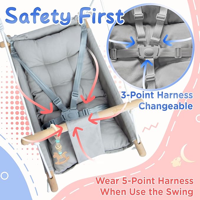 Baby Swing Indoor and Outdoor, Canvas Hammock Swing for Baby to Toddler with a Comfortable Seat, Macaroon Wooden Toy, Adjustable 5-Point Harness,3 Modes,Gift for Baby Boys Girls, Grey