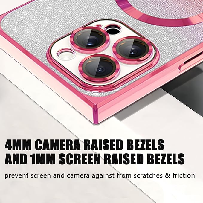 Misscase for iPhone 15 Pro Max Magnetic Case Compatible with MagSafe,Full Protection Glitter Case with Camera Lens Protector Anti-Scratch Dust-Proof Net Case Cover for iPhone 15 Pro Max Pink