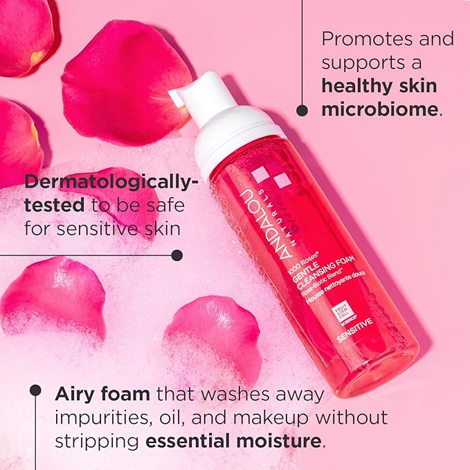 Andalou Naturals 1000 ROSES Gentle Cleansing Foam Face Wash, Hydrating Foaming Facial Cleanser with Rosewater  Aloe for Women  Men, Non Toxic, Vegan