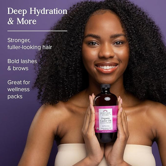 HERITAGE STORE Organic Castor Oil - Nourishing Treatment for Hair and Skin - Nutrient-Packed Hair Oil, Lash Serum for Eyelashes and Brows, Castor Oil Packs, Cold Pressed, Hexane Free, Vegan, 16oz