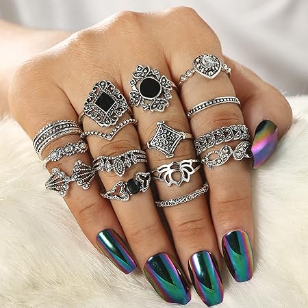 15Pcs Knuckle Rings, Bohemian Style Ladies Ring Rhinestone Inlay Non-fading Jewelry Opening Ring for Women Silver 1.7cm0.67"