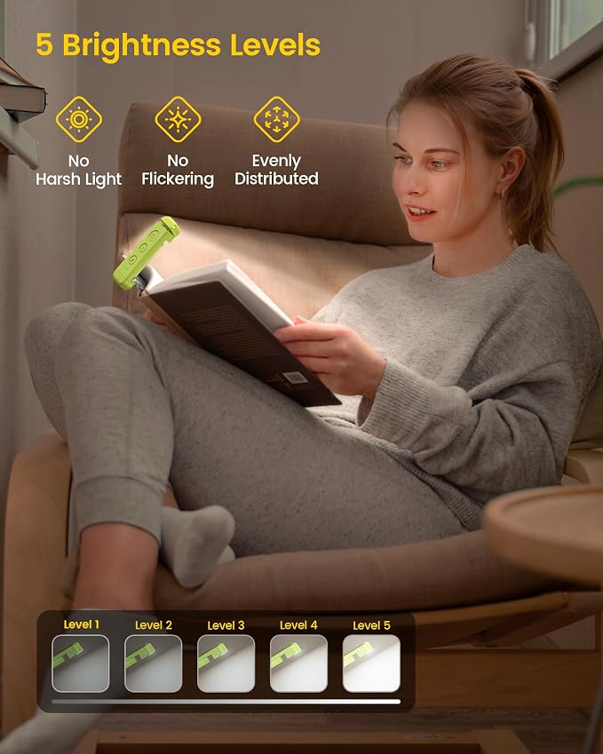 Glocusent USB Rechargeable Book Light, Portable Clip-on LED Reading Light, Reading Lights for Books in Bed with 3 Amber Colors & 5 Brightness Dimmable, Compact & Long Lasting, Perfect fo