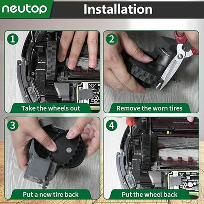 Neutop Replacement Rubber Wheel Tires Compatible with iRobot Roomba 500, 600, 700, 800, 900, e, i, j & S Series Models, Anti-slip, Great Adhesion and Easy Assembly, 4-Pack.