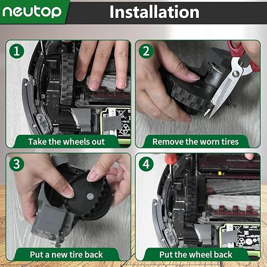 Neutop Replacement Rubber Wheel Tires Compatible with iRobot Roomba 500, 600, 700, 800, 900, e, i, j & S Series Models, Anti-slip, Great Adhesion and Easy Assembly, 4-Pack.
