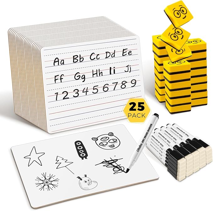 Double Sided Dry Erase Boards - LinedPlain, Ohuhu 25-Pack 9 x 12 Inch Whiteboards Set, Including 25 x Lap Board, 25 x Black Markers, 25 x White Boards Eraser for Students, Classroom, School