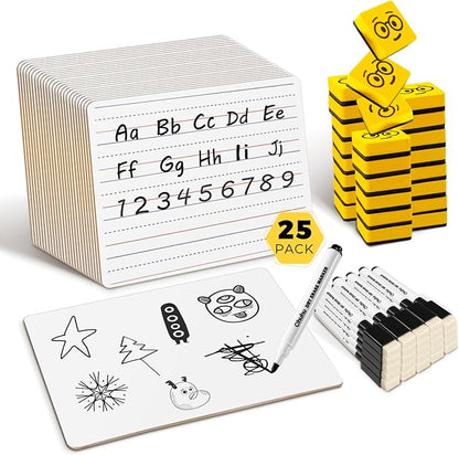 Double Sided Dry Erase Boards - LinedPlain, Ohuhu 25-Pack 9 x 12 Inch Whiteboards Set, Including 25 x Lap Board, 25 x Black Markers, 25 x White Boards Eraser for Students, Classroom, School