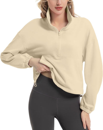 FKEEP Quarter Zip Pullover Women Cropped Sweatshirt Long Sleeve Crop Top Stand Collar Drawstring Casual Pullover