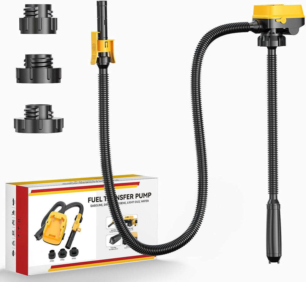DIYtoolifz Cordless Fuel Transfer Pump with Auto-Stop, 3.2 GPM Flow Portable Fuel Pump Compatible with DeWalt 20V & Milwaukee 18V Batteries, with 41'' Hose, 3 Adapters for Diesel, Gasoline (Bare Tool) (box damaged)