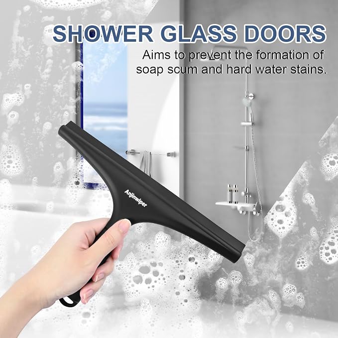 All-Purpose Shower Squeegee for Glass Doors with Hook, Silicone Squeegee for Shower Glass, Shower Doors, Windows, Bathroom, Mirrors and Tiles?10 inch, Black)