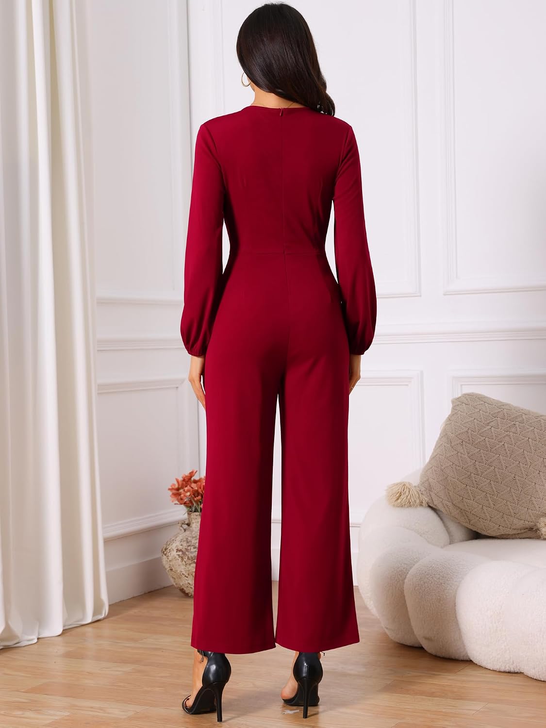 Seta T Women's V Neck Long Sleeve High Waist Wide Leg Casual Jumpsuits with Pockets.