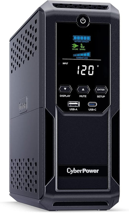 CyberPower CP1500AVRLCD3 Intelligent LCD UPS System, 1500VA900W, 12 Outlets, 2 USB Ports, AVR, Mini Tower, Black