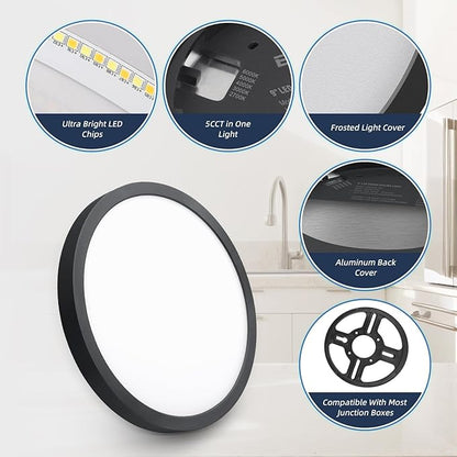 ECOELER Black Slim LED Ceiling Light, 9inch 5CCT Selectable Surface Mount Round Flat Panel Light, 24W 1800Lm, Close to Ceiling Light Fixtures for Kitchen, Bedroom, Laundry, 4 Pack