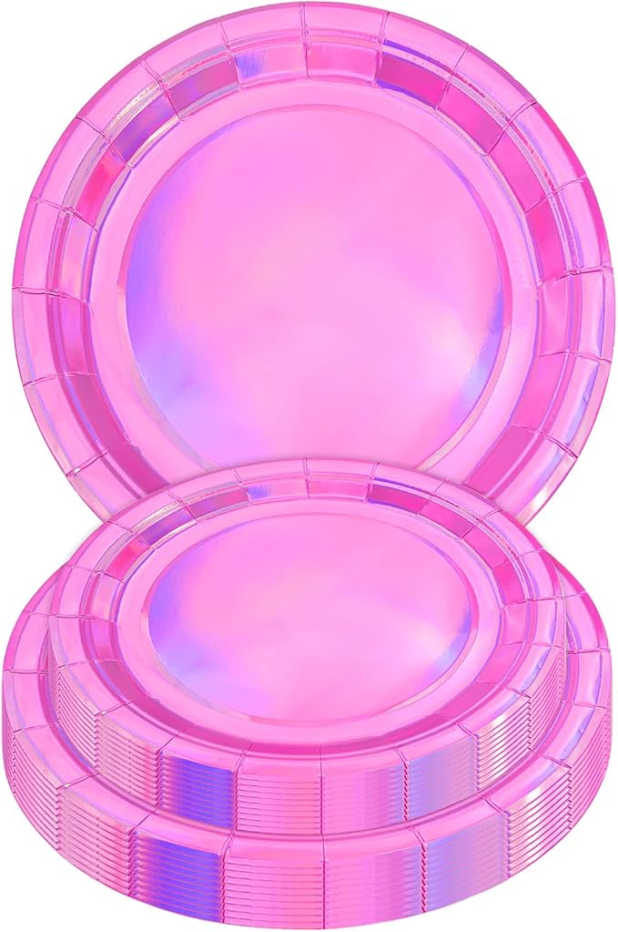 40PCS Hot Pink Birthday Plates, Holographic Iridescent Pink Party Plates Includes 20-9" & 20-7" Dinner Tableware for Birthday Disco Wedding Kpop Party