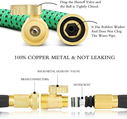 MQUAD Ultimate Expandable Garden Hose - Heavy Duty, Tangle-Free, Flexible with 10-Pattern Spray Nozzle, Solid Brass Connectors, 4-Layer Latex Core, Storage Bag, and Holder (Black/Green, 50FT)