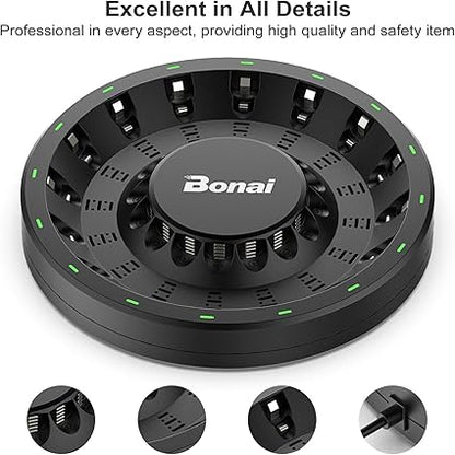 BONAI AA AAA Rechargeable Battery Charger for NiMH NiCD Batteries with AC High-Speed Plug Cable and Smart LED Light