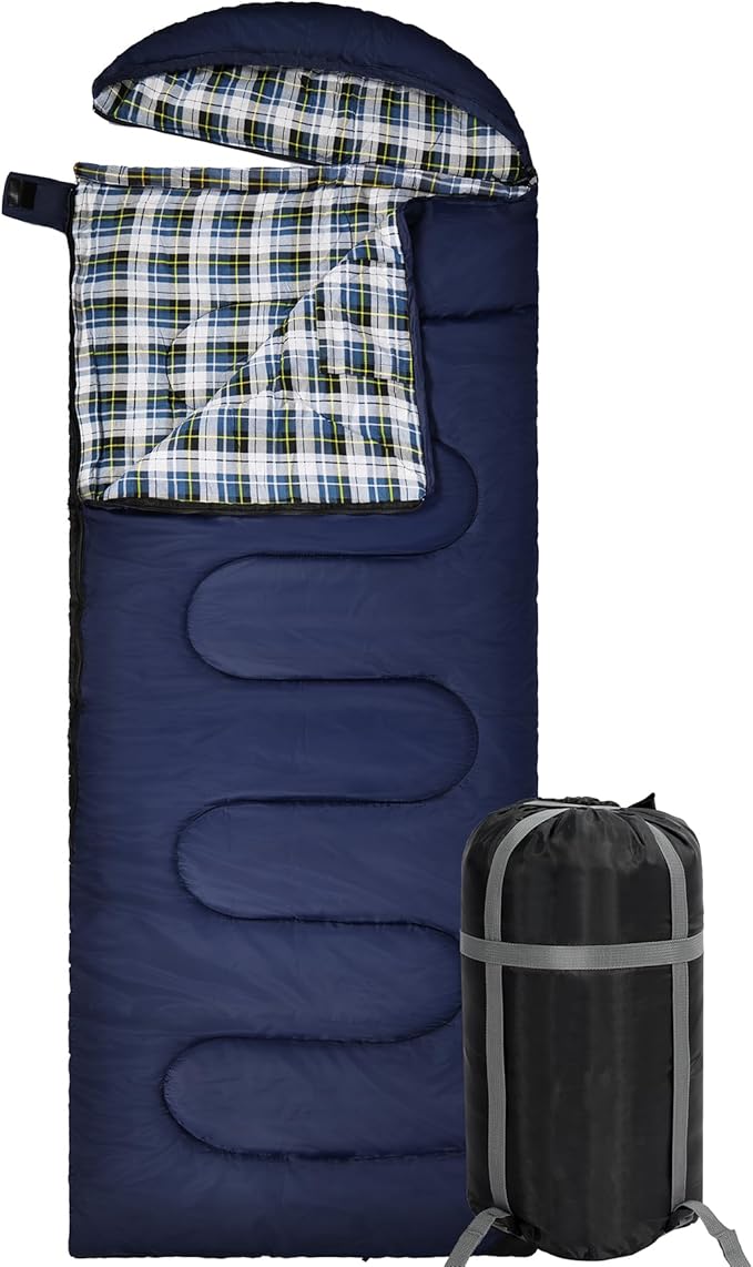 REDCAMP Flannel Sleeping Bag for Adults, Comfortable Cotton Sleeping Bags for Camping with Detachable Hood, RedGreyBlue