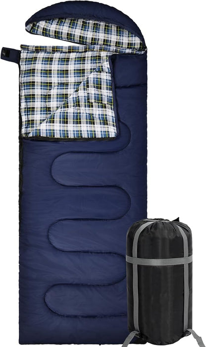 REDCAMP Flannel Sleeping Bag for Adults, Comfortable Cotton Sleeping Bags for Camping with Detachable Hood, RedGreyBlue