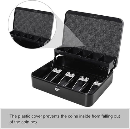 Jssmst Large Locking Cash Box with Money Tray, Lock Box with Security Cable Metal Money Box with Key Lock, Black, CB02304XL