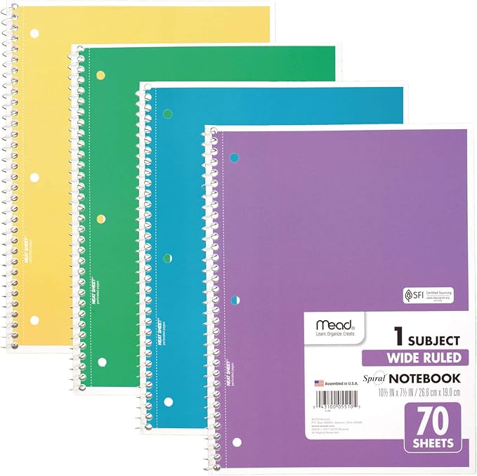 Mead Spiral Notebook, 4 Pack, 1-Subject, Wide Ruled Paper, 7-12" x 10-12", 70 Sheets per Notebook, Colors Will Vary (72873)