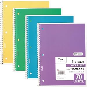 Mead Spiral Notebook, 4 Pack, 1-Subject, Wide Ruled Paper, 7-12" x 10-12", 70 Sheets per Notebook, Colors Will Vary (72873)