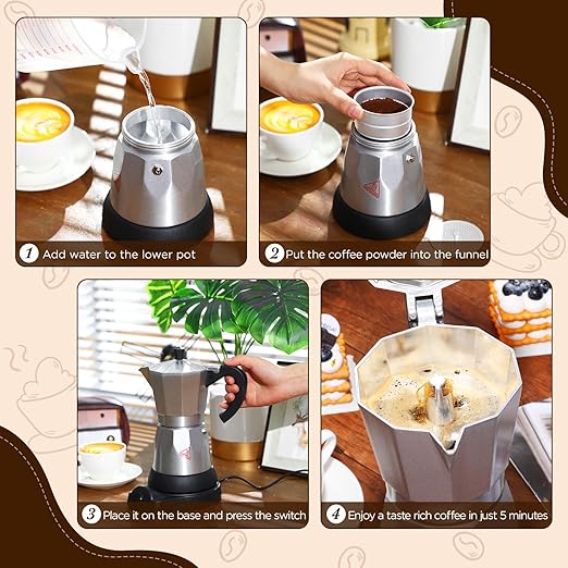 Coffee Pot 6 Cup Electric Espresso Coffee Maker Italian Moka Maker 300ml Portable Aluminum Espresso Maker Espresso Moka Pot with Detachable Base, Coffee Gift for Home Travel (Aluminum Color)