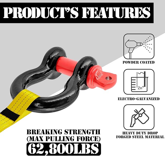 Shackles 34" D Ring Shackle 28.5 Ton (62,831 lbs) Maximum Break Strength with 78" Pin for Tow Strap Winch Off Road Vehicle Recovery (2 Pack)