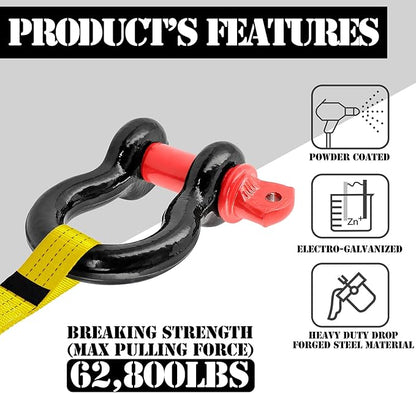 Shackles 34" D Ring Shackle 28.5 Ton (62,831 lbs) Maximum Break Strength with 78" Pin for Tow Strap Winch Off Road Vehicle Recovery (2 Pack)