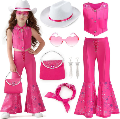 Cowgirl Costume Girls Kids Disco Outfits Movie Heroine Dress Up for Halloween Birthday Cosplay Party (130 5-6 year)
