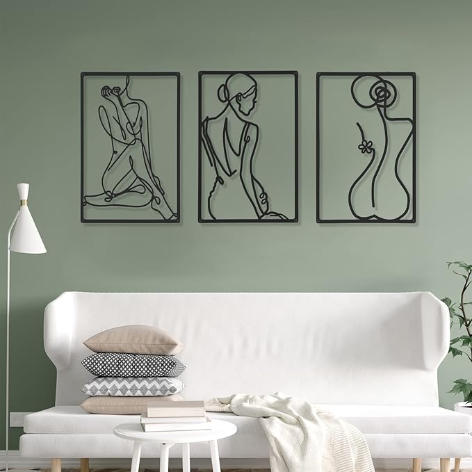 CHENGU 3 Pieces Metal Minimalist Abstract Woman Wall Art Line Drawing Wall Art Decor Single Line Female Home Hanging for Kitchen Bathroom Living Room