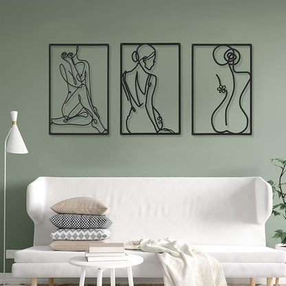 CHENGU 3 Pieces Metal Minimalist Abstract Woman Wall Art Line Drawing Wall Art Decor Single Line Female Home Hanging for Kitchen Bathroom Living Room