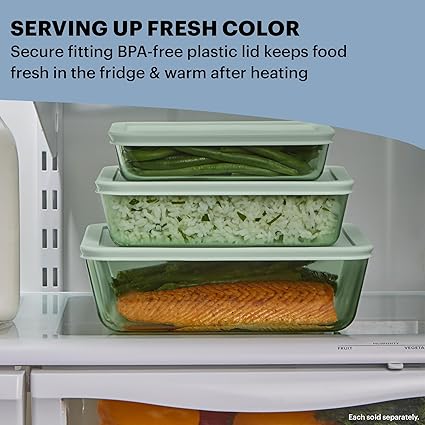 Pyrex Year of Color (3-Pack) Tinted Rectangular Glass Food Storage Containers Set, (3, 6  11 Cup) Meal Prep Containers With BPA-Free Lids, Dishwasher  Microwave Safe, Green