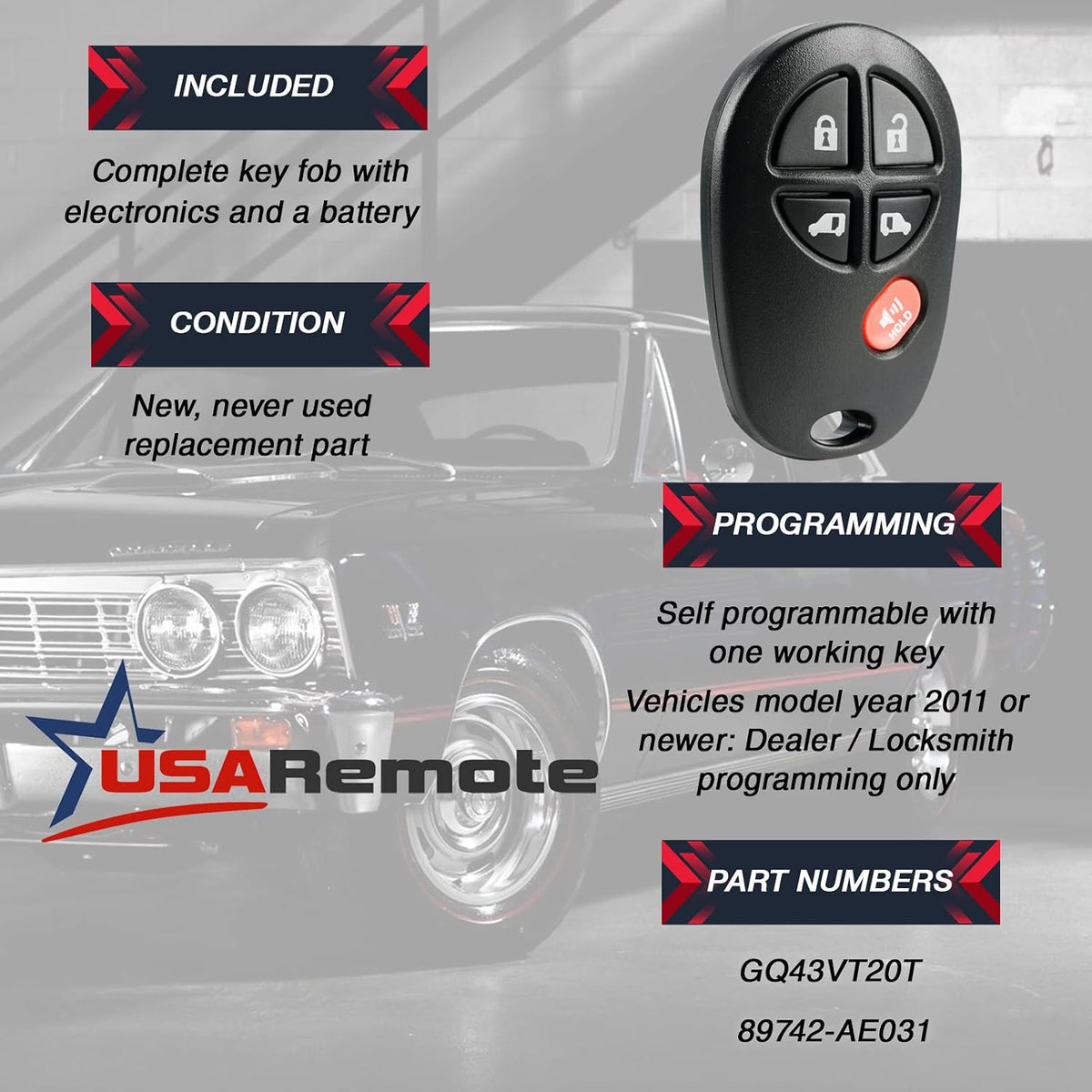 Key Fob Keyless Entry Remote fits 2004-2016 Toyota Sienna (GQ43VT20T 5-Btn)