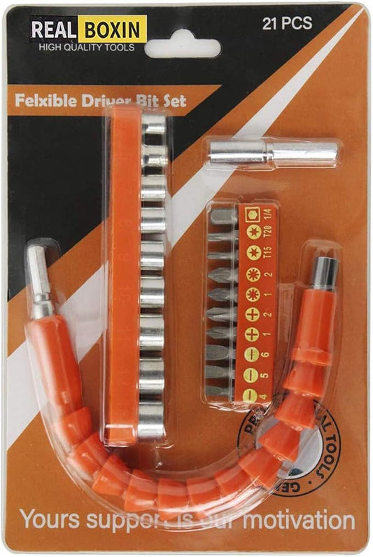 Flexible Drill Bit Extension, 11.6inch Bendable Drill Bit Extension, Universal 14 Flexible Extension for Drill Adaptor Hex Set Orange (21 PCS)
