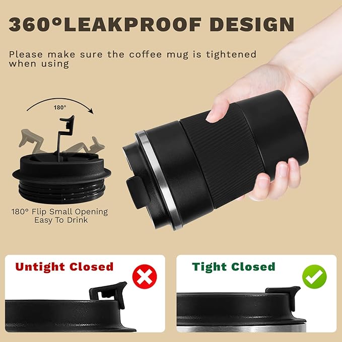 Vacuum-Insulated Stainless Steel Travel Coffee Mug, Leak-Proof Reusable Coffee Cup with Lid - Keep Hot  Cold Drinks for Hours, Durable Thermos Tumbler for Men  Women (3rd-Black, 12OZ)