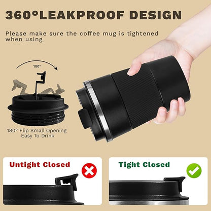 Vacuum-Insulated Stainless Steel Travel Coffee Mug, Leak-Proof Reusable Coffee Cup with Lid - Keep Hot  Cold Drinks for Hours, Durable Thermos Tumbler for Men  Women (3rd-Black, 12OZ)