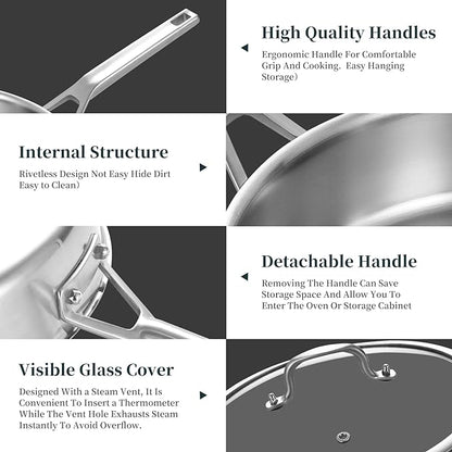 Tri-Ply Stainless Steel Saute Pan 6QT, 12 Inch Deep Frying Pan with Lids, 3-layer Saute Pan with Lid Large Skillet with Stay Cool Handle, Induction Pan, Dishwasher and Oven-Safe