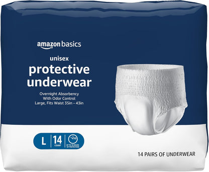 Basics Unisex Adult Incontinence Protective Underwear, Overnight Absorbency, Moisture-Wicking, Soft, Latex Free, Large, 14 Count