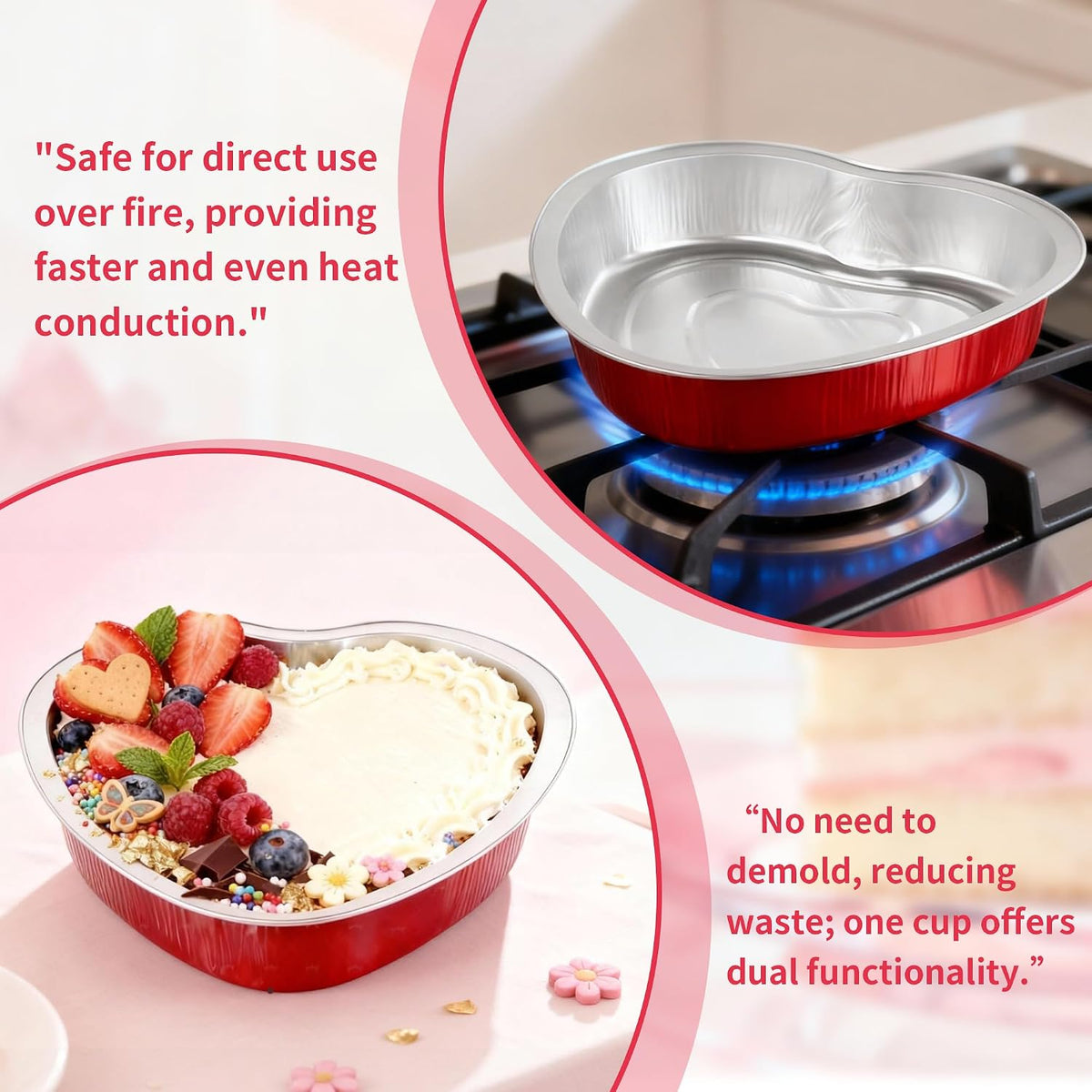 yeload 24 Pack 8 Inch Heart Shaped Cake Pans with Lids, 23oz Large Disposable Foil Heart Pans for Valentine's & Mother's Day, Aluminum Heart Cake Pans, Valentine's Day Baking Kit (Red)