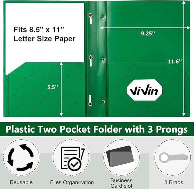 ViVin 10-Pack Sturdy Plastic Folders, 2 Pocket Folders with Pockets, Poly Plastic Folders with Pockets and Prongs, for School Home and Office-Green