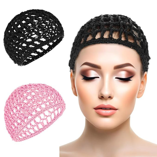 2 crochet mesh shower caps for sleeping, soft rayon mesh sleeping hat, short thick black knit net hat for women, head protective wig, hat of