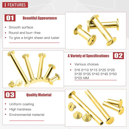 Hilitchi 50Sets M5 Brass Plated Phillips Chicago Screw Posts Binding Screws Assortment Kit for Scrapbook Photo Albums Binding, Leather Repair - Gold (M5 x 15mm-50Sets)