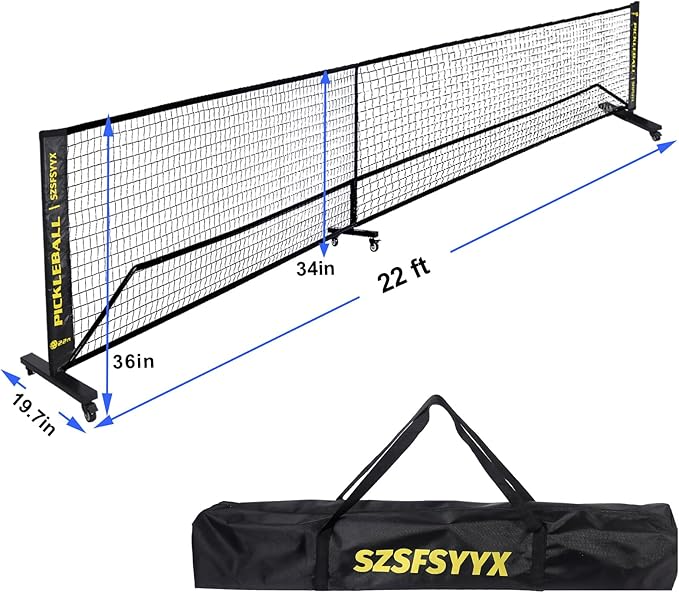 Movable Deluxe Heavy Duty Pickleball Net with Wheels,22 FT Regulation Size Including Carrying Bag,Sturdy Metal stand and upgraded PE Nets, perfectly straight, suitable for Indoor Outdoor