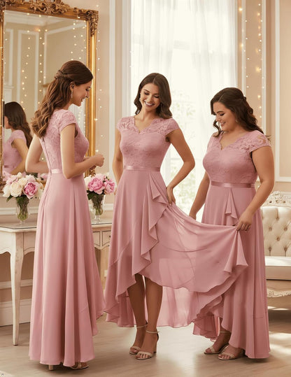 Bbonlinedress Women's V-Neck Dress for Women Wedding Guest Hi-Lo Floral Lace Prom Cocktail Party Formal Bridesmaid Dress