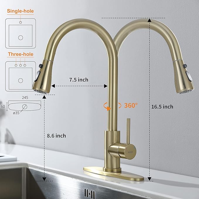 Kitchen Faucet with Pull Down Sprayer, Gold Pull Out Kitchen Faucet with Kitchen Soap Dispenser, Single Level Stainless Steel Kitchen Faucet, Single Handle High Arc Kitchen Faucet